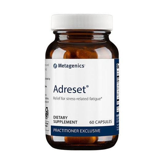 Adreset supplement bottle by Metagenics for stress relief and energy support, available at SuppliSave.