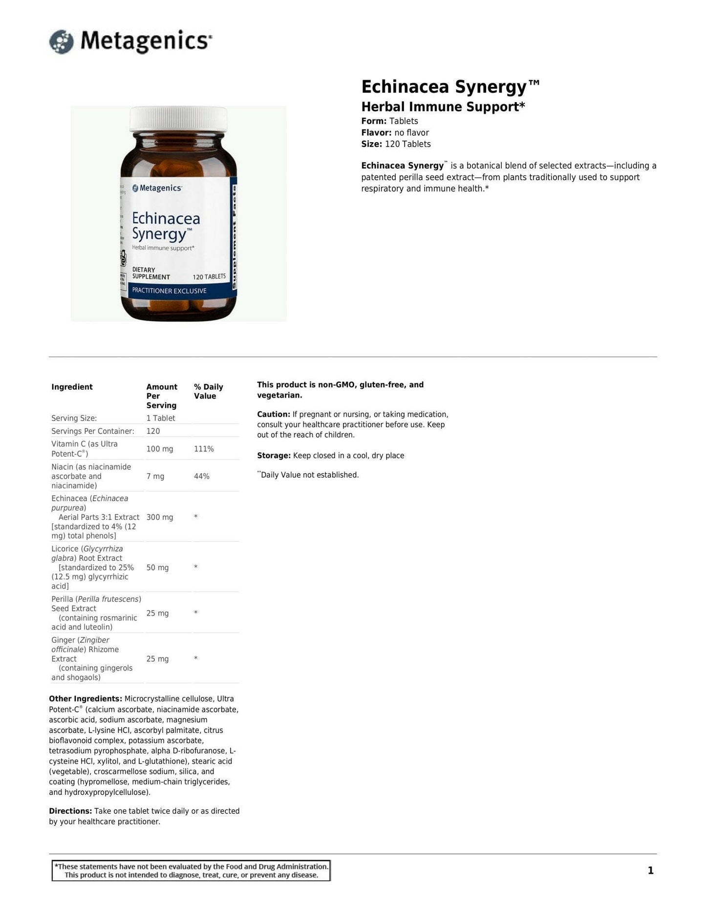 Echinacea Synergy™| Metagenics® | 120 Tablets